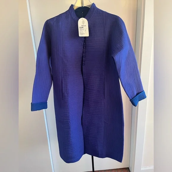 NWT Kilol FabIndia Style Silk Quilted Long Jacket Coat Nehru Cobalt Blue Purple